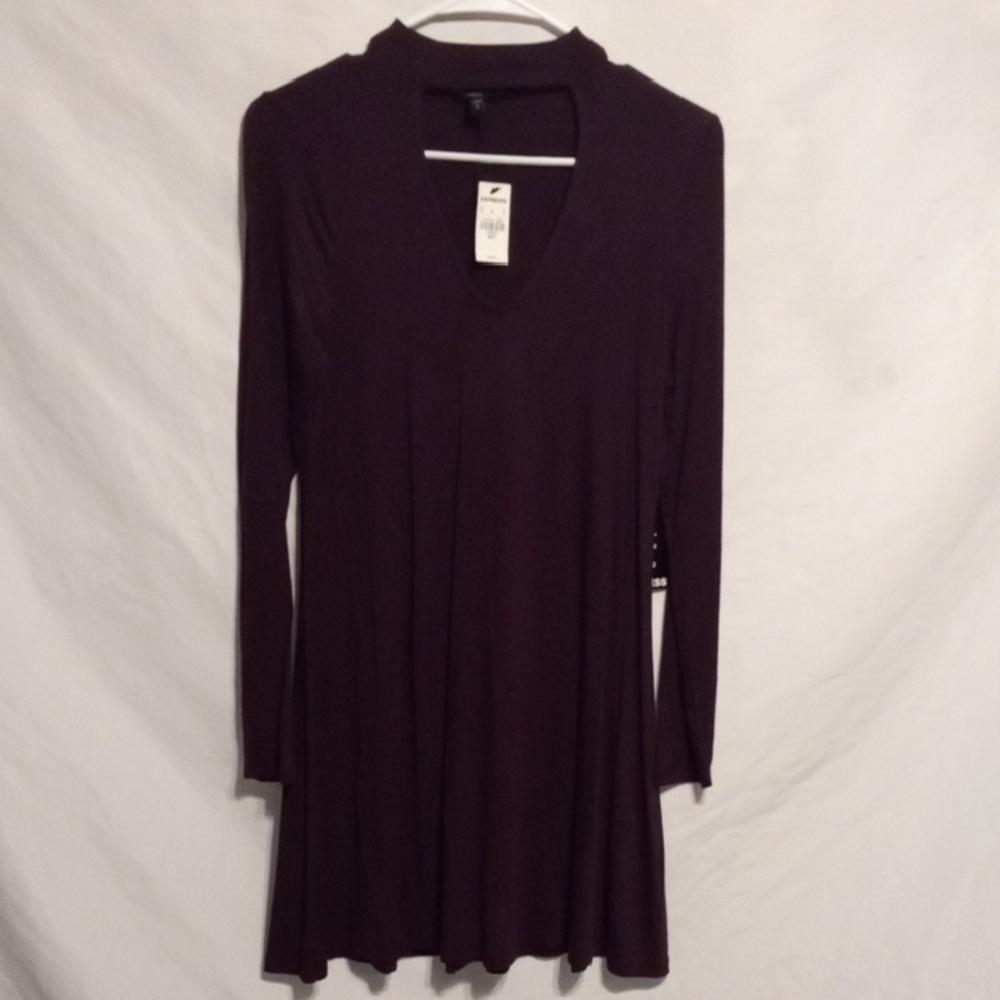 NWT Express Plum Choker V-Neck Long Sleeve Mini Swing Dress S - Picture 2 of 7